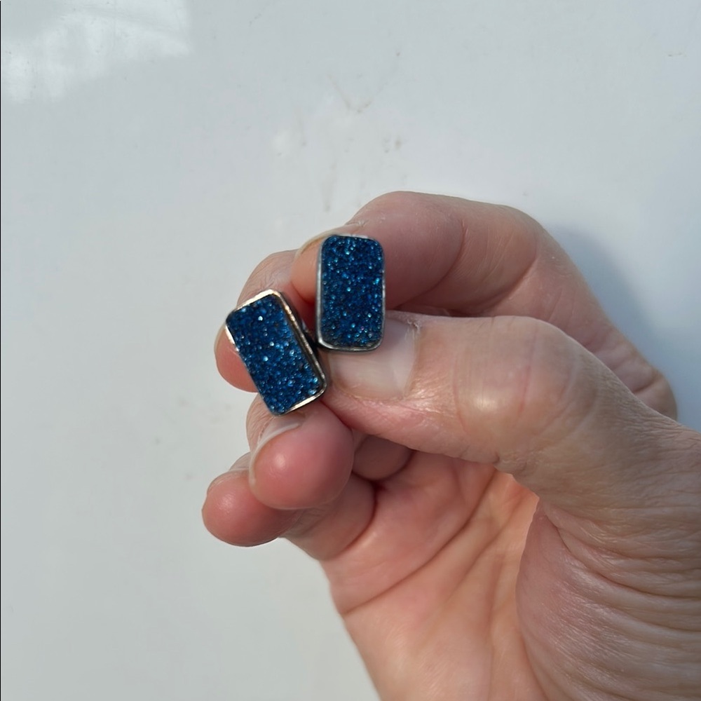 Blue Druzy Stone Earrings with Cosmic Shimmer